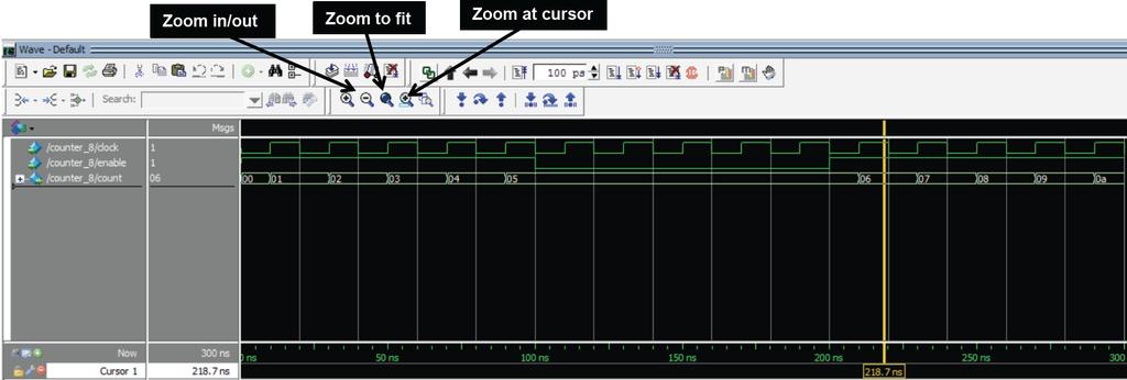 Step 5: Add waveforms to the Wave window and drive signals In the transcript window, enter two commands: add wave clock enable and add wave hexadecimal count.
