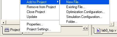 Right-click in the Projects tab and choose Add to Project -> New File Create a new Verilog file called lab0_top_tb.v. (Remember to make sure you select Verilog as the type.