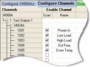 Getting Started with Data Logger for 34980A 1 Step 3. Configure Channels In this step you will add channels and measurement functions to a scan list. 1 Click the Configure Channels tab.