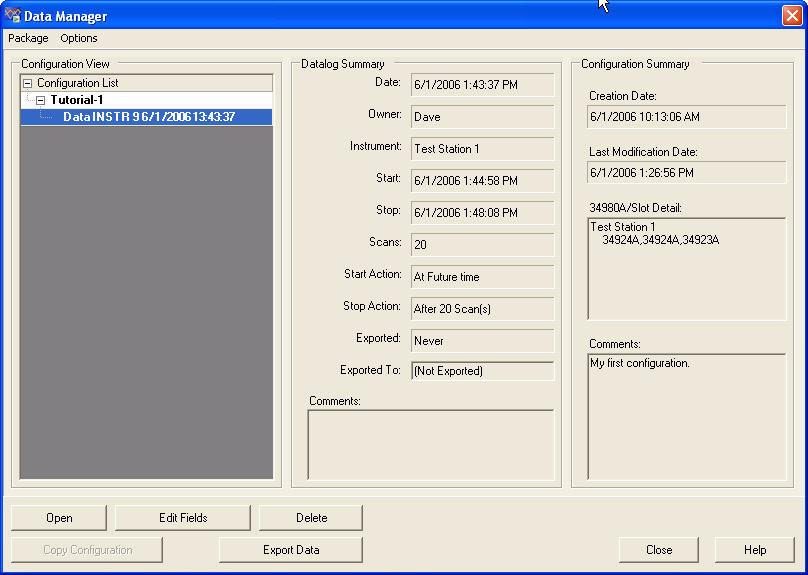 Getting Started with Data Logger for 34980A 1 Step 9. Export the Data 1 The Data Manager provides complete flexibility in opening, editing, and exporting datalogs.