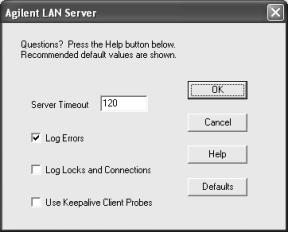5 Configuring IO Interfaces 2 When the Agilent LAN Server screen appears, set the Server Timeout value as required. Also set Log Errors, Log Locks and Connections and/or Use Keepalive Client Probes.