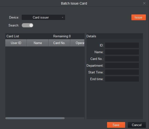 Figure 17-16 Parameter Note Manually check user to want to issue card to auto filter out users already have card Click Batch Batch Issue Card by User User select card issuing device: