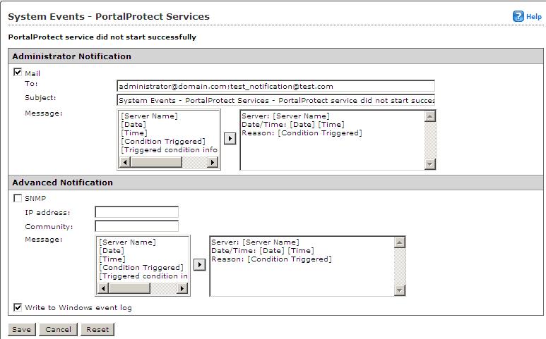 Notifications, Alerts, Logs, and Reports 5. Click Save. FIGURE 11-2. System Events, administrator notification screen To configure system events for PortalProtect events: 1.