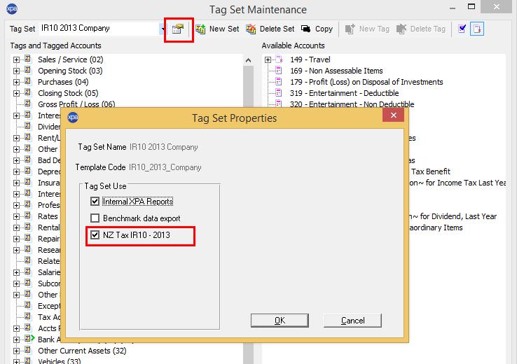 In the tag set maintenance window, select the tag set you wish to use, then click the icon to the right. In the tag set properties, ensure that the option NZ Tax IR10-2013 is checked.