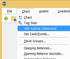 To launch an AIM return, open the XPA Chart menu. A new option has been added for AIM Activity Statement.