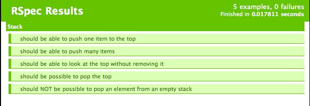 it " should NOT be possible to pop an element from an empty stack" do lambda { @stack. pop }. should raise_error ( NoMoreElementsException ) Figure 6: Test output References [1] Kent Beck.