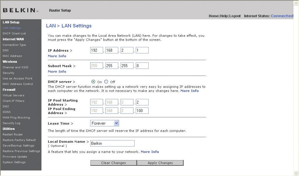 Using the Web-Based Advanced User Interface Changing LAN Settings All settings for the internal LAN setup of the Router can be viewed and changed here. (1) (2) (3) (4) (5) (6) 1.