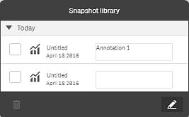 1. In storytelling view, click Å in the story tools panel. The snapshot library is opened with a list of all your snapshots. You can also access a snapshots library for each visualization.