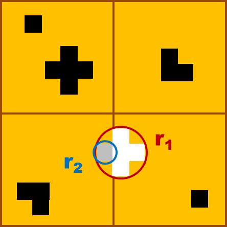 Figure 2: Illustration of precluster forming in Data Concentrators (yellow squares). Hits are indicated by black, gray, and white squares. More details can be found in the text.