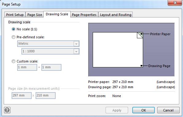 Then select the page size required from the second panel below it. Click on the Drawing Scale tab.