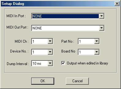 r Editor Setup button Click this to open the Setup dialog. Setup Dialog This is here you set up the Plug-in Board Editor to allo the transmission of voice data to your plug-in board.