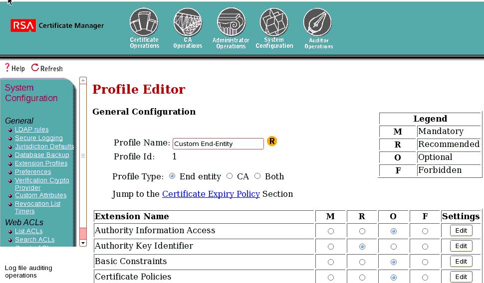 RSA Certificate Manager Extension Profile creation This step is to create a profile for issuing of certificate to end users.