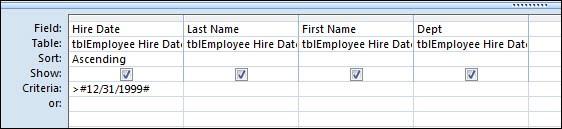 In the Criteria row under the Hire Date column, type: > 12/31/1999 3.