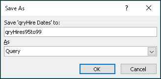 7. Click F12 and the Save As dialog box appears. 8. In the Save As dialog box type: qryhires95to99 Tip: [ F12 ] is the keyboard shortcut for Save As.