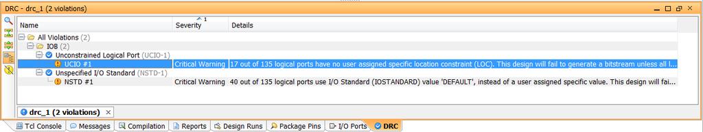 Figure 31: Reporting DRC Violations The Violations indicate that I have several I/O Ports missing LOC and IOSTANDARD constraints.