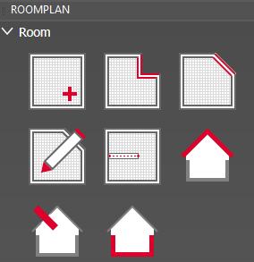 4. Planning 4.1 Create Room Using the Roomplan it is possible to insert rooms (walls, floors, ceilings) as well as doors and windows into an order. 4.1.1 Walls / Room 4.1.1.1 Insert To insert a room, simply click the symbol of a square room in the quick access toolbar.