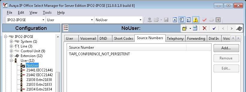 5.12. Administer NoUser Source Number From the configuration tree in the left pane, select the primary IP Office system, followed by User