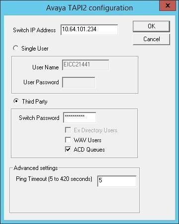 The Avaya TAPI2 configuration screen is displayed. For Switch IP Address, enter the IP address of the primary IP Office system, in this case 10.64.101.234.