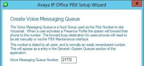 The Avaya IP Office PBX Setup Wizard Create Voice Messaging Queue screen is displayed next.