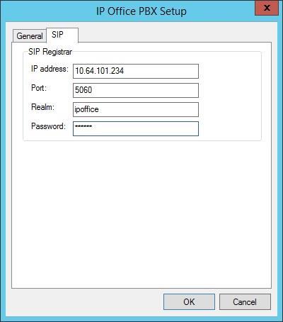 The IP Office PBX Setup screen is displayed. Select the SIP tab. For Realm, enter ipoffice.