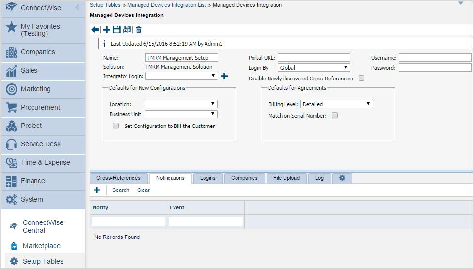 ConnectWise Support The Managed Devices Integration screen appears. 5. Click the Cross-References tab. 6. Click New Item ( ) to create a product. 7.