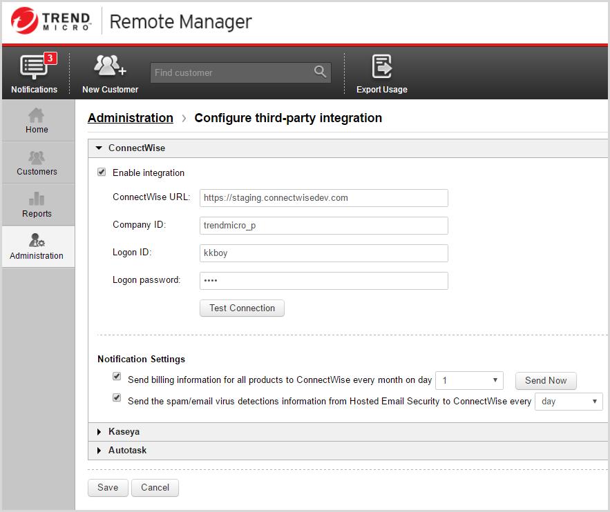 ConnectWise Support Procedure 1. Go to Administration > Configure third-party integration. The Configure third-party integration screen appears. 2.