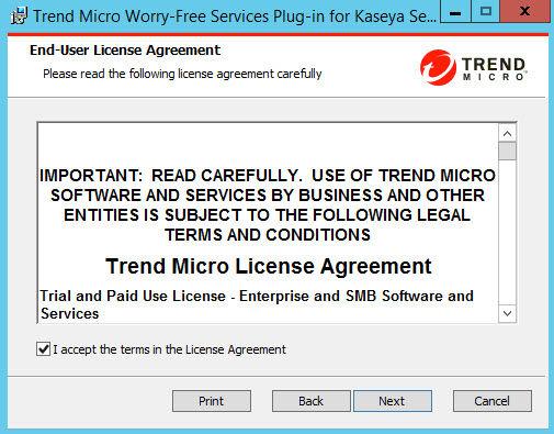 Trend Micro Remote Manager Administrator's Guide The End-User License Agreement screen appears. 7.