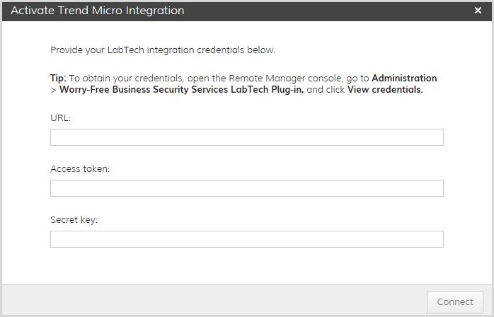 Trend Micro Remote Manager Administrator's Guide The Activate Trend Micro Integration screen appears. 7. Provide the Remote Manager activation credentials.