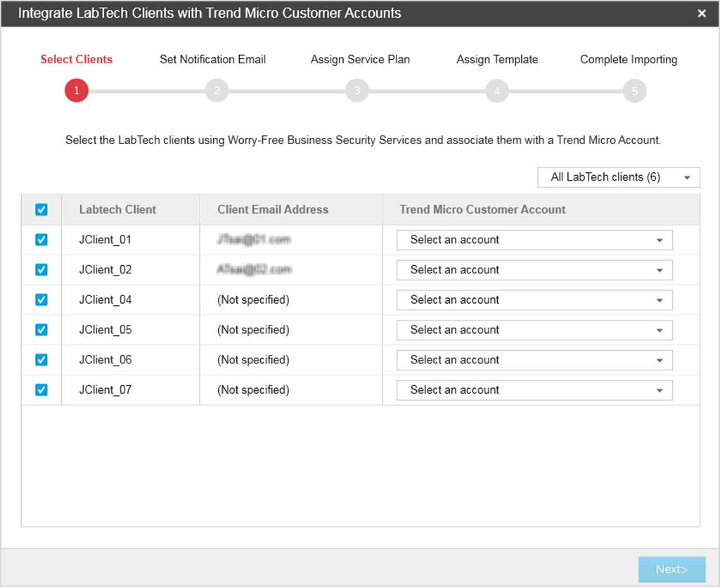 LabTech Support Important You must select the check boxes next to the LabTech clients you want to integrate with Trend Micro Accounts on the Integrate LabTech Clients with Trend Micro Accounts:
