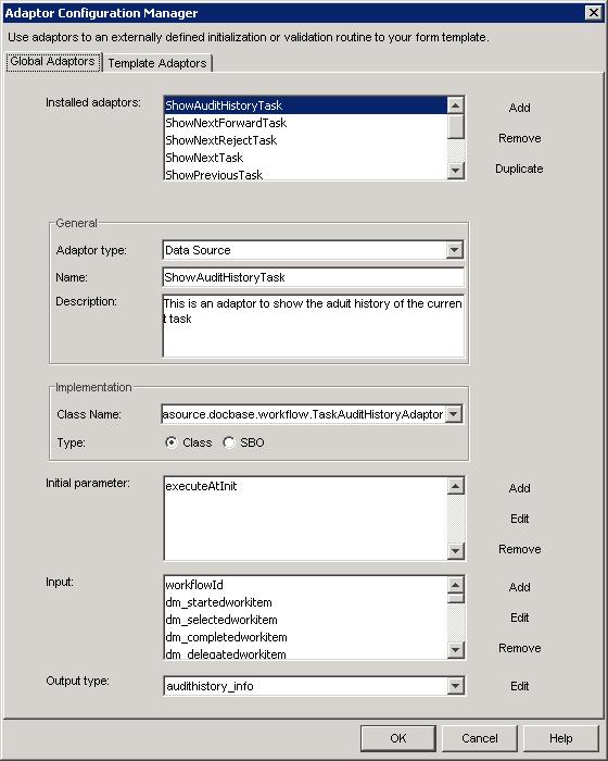 Managing Adaptors Figure 31. Adaptor Con guration Manager Note: By default, the Global Adaptors tab is displayed in this dialog box. The Template Adaptors tab is displayed if a template is open.