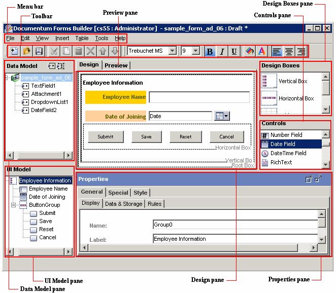 Editing Templates Figure 29. Forms Builder user interface The following sections describe each of the panes and the toolbar.