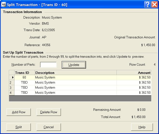 Working with Line Items and Transactions / 6-19 Splitting a Transaction You can split a transaction into two or more separate transactions.