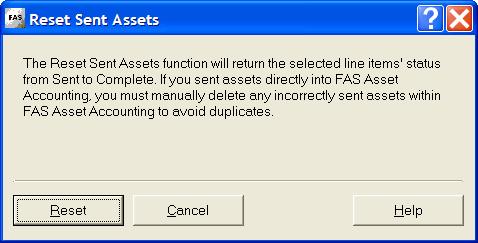 Working with Line Items and Transactions / 6-37 Resetting Sent Assets After you have created an asset from a line item and sent the asset to your Sage FAS application, you may want to make a change