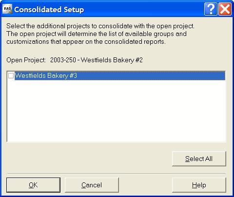 7-4 / FAS 100 CIP Accounting To select the projects for a consolidated report 1. Select Reports/Consolidated Reporting/Consolidated Setup from the menu bar.