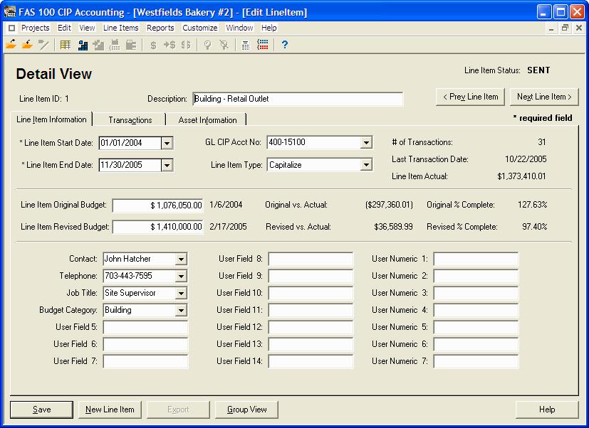 2-12 / FAS 100 CIP Accounting Detail View The Detail View displays information about a selected line item.