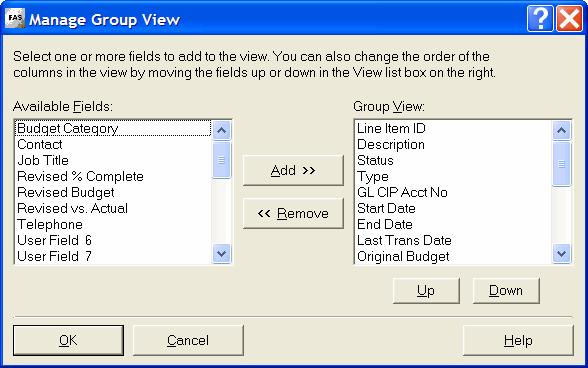 The Interface / 2-23 2. Select the field that you want to add as a column to Group View from the Available Fields list box. 3. Click the Add button.