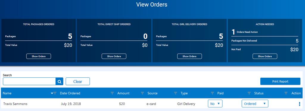 Manage My Orders Once orders start being received from your sent e-cards, you will be able to view all activity by going to My Orders -> Manage My Orders : At the top of this page, you will see four