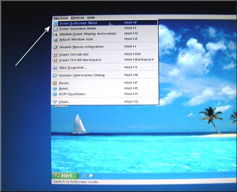 Seamless Mode: the VRE taskbar is located at the top-left corner of the screen. There are three menus in the taskbar menu: Machines, Devices and Help.