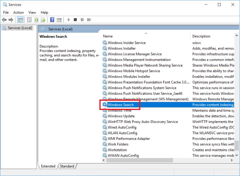 2. Find Windows Search in the right panel,