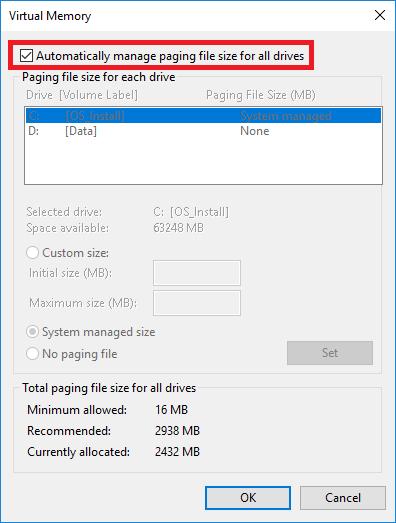 4. Check Automatically manage paging file size for all drives is enabled, and click OK.