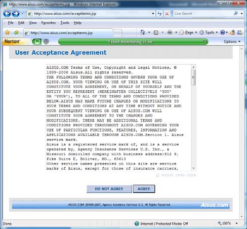 You will come to the following User Acceptance Agreement screen where you must select AGREE to continue.