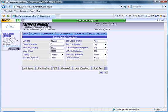 When you have completed the Coverages screen you will come to the Company screen where FMI should be selected (in