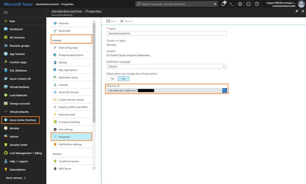 2.4 Azure Active Directory Determining the Directory ID 2.4.1 Determining and saving the directory ID Select the Azure Active Directory item from the resource list at the left In the Azure Active