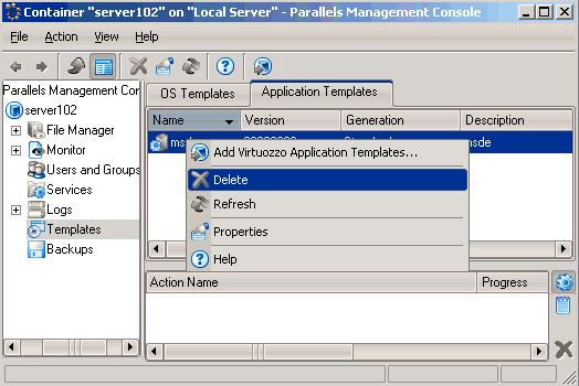 Managing Templates 65 Removing Application Templates and Template Updates From Container Parallels Management Console allows you to remove an application template or any of its updates from a