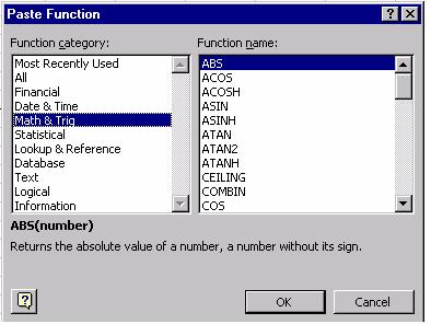 Figure 4. Formula Dialog box Selecting, Copying, and Pasting Data. You may find it useful at times to select, copy, and paste data. There are several ways to accomplish this using Excel.