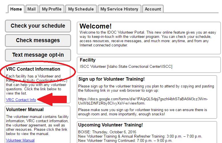 3. You will also find the Facility VRC Contact Information and the applicable IDOC policies. Simply click the blue highlighted options to open the information in a new window.