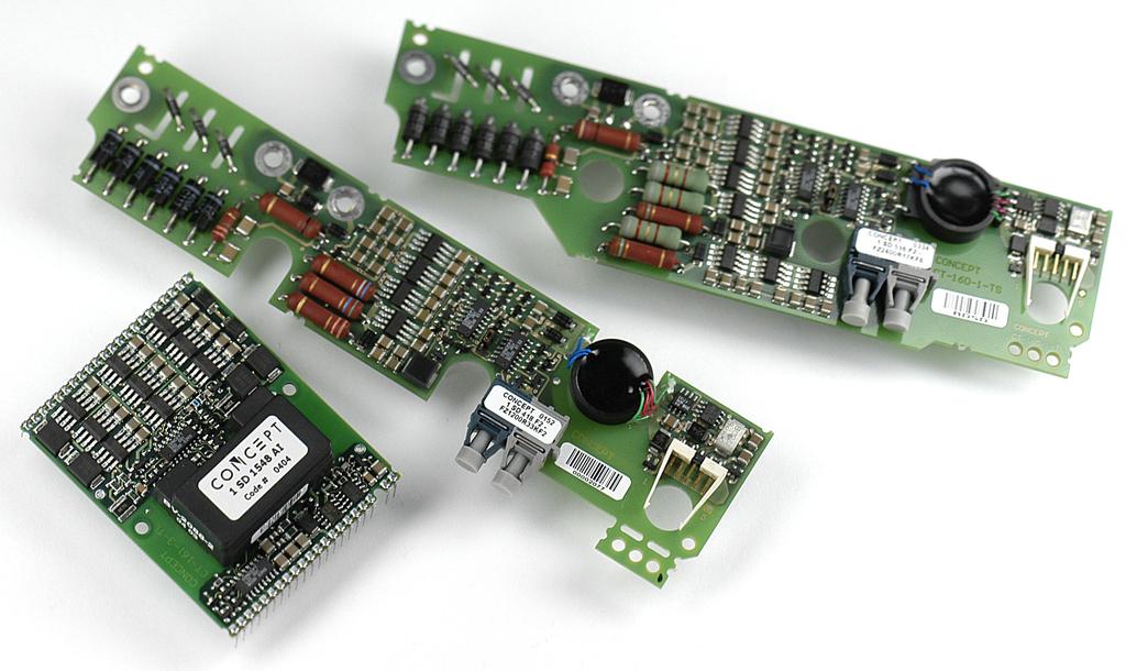 Fig. 3: Plug-and-play drivers for 1200A/3300V IGBTs (1SD418F2, center), 2400A/1700V IGBTs (1SD536F2, top) and a high-power driver core