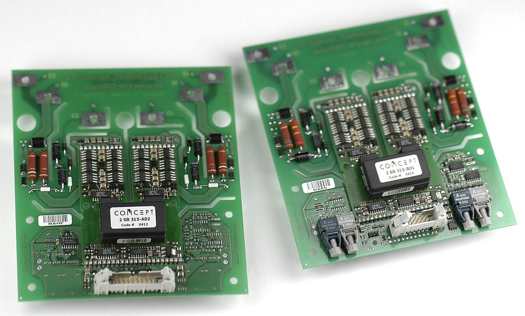 4: The 2SB315 generic gate driver with options to provide electrical interfaces (left) or fiberoptical links (right) and others designed to
