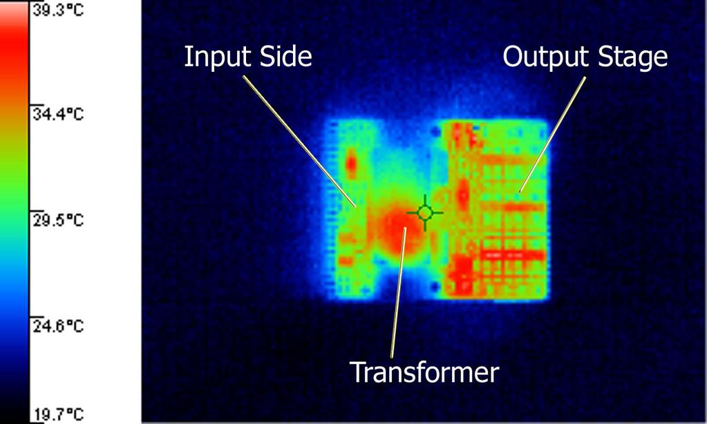 Fig. 5: Thermographic image of a single-channel high-power IGBT driver core (1SD1548AI) in operation under load 2.