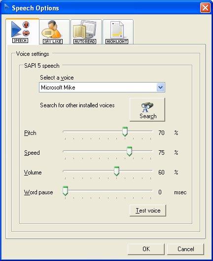Adjusting the Speed and changing the voice Drop down list of voices Adjust speed track bar to change speed of voice Test the voice If a Microsoft voice is selected change it to one of the better